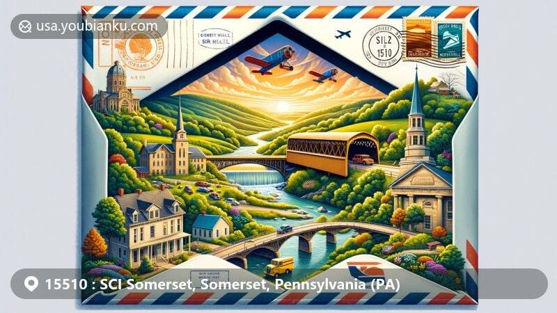 Modern illustration of Somerset, Pennsylvania, featuring natural beauty, historical landmarks like covered bridges, Kooser State Park, Flight 93 National Memorial, and Salisbury Viaduct, along with postal heritage elements in a vintage airmail envelope, including stamps and a classic mail vehicle.
