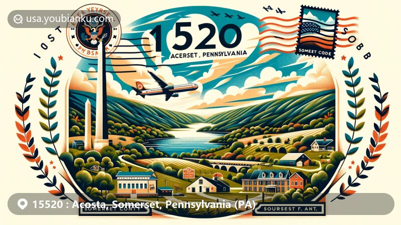 Modern illustration of Acosta, Somerset, Pennsylvania, capturing postal theme with distinctive elements like stamp, postmark, and ZIP code 15520 on an envelope, featuring Flight 93 National Memorial, Laurel Hill State Park, and Kooser State Park.
