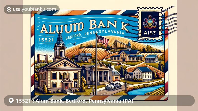 Modern illustration of Alum Bank, Bedford, Pennsylvania, merging local geography with state elements, featuring postal theme with ZIP code 15521, including Pennsylvania flag and Bedford County landmarks.