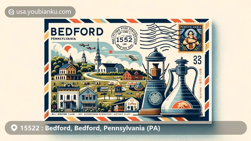 Modern postcard illustration for Bedford, Pennsylvania, showcasing ZIP code 15522, featuring Old Bedford Village, Fort Bedford Museum, and the iconic coffee pot-shaped building, integrating vintage postal theme and Pennsylvania state flag.