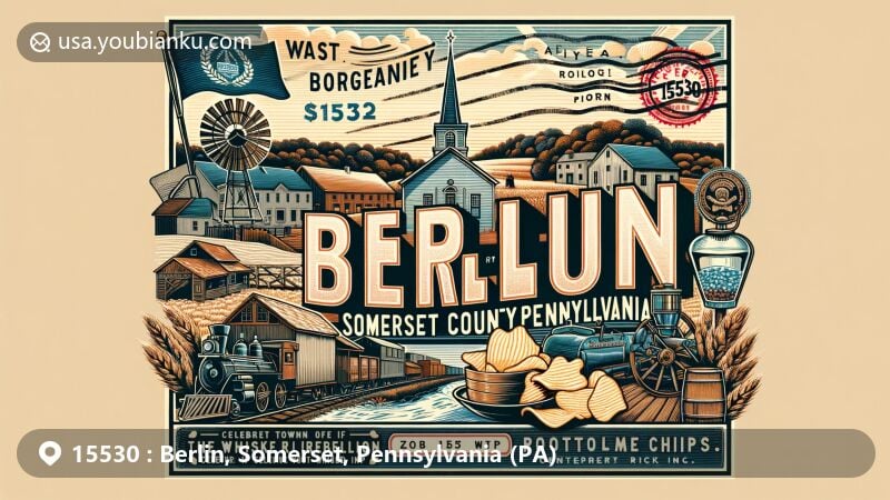 Modern illustration of Berlin, Somerset County, Pennsylvania, highlighting historical significance with Whiskey Rebellion, Snyder of Berlin potato chips, and Center Rock Inc., set against agricultural and coal mining backdrop, featuring postal theme with vintage postcard showcasing ZIP code 15530.