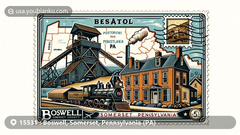 Modern illustration of Boswell, Somerset County, Pennsylvania, featuring postal theme with coal tipple, steam engine, historic brick houses, and air mail envelope design, showcasing mining and postal heritage.