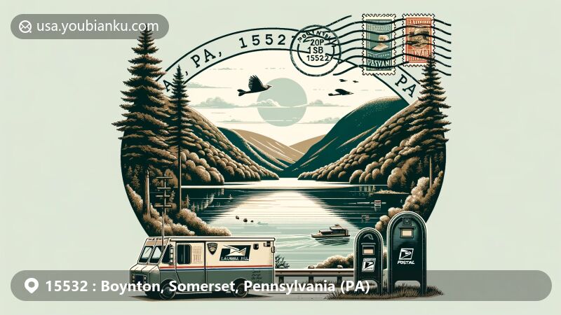 Modern illustration of Boynton, Somerset County, Pennsylvania, featuring Laurel Hill State Park's mountainous woodland landscape and tranquil Laurel Hill Lake, blended with postal theme showcasing ZIP code 15532.