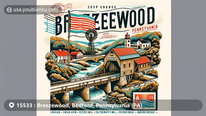 Modern illustration of Breezewood, Pennsylvania, Bedford County, showcasing historical landmarks like Lincoln Highway, Felten's Mill, Covered Bridge, and Abandoned PA Turnpike, with postal elements including postcard design, stamps, and ZIP Code 15533.