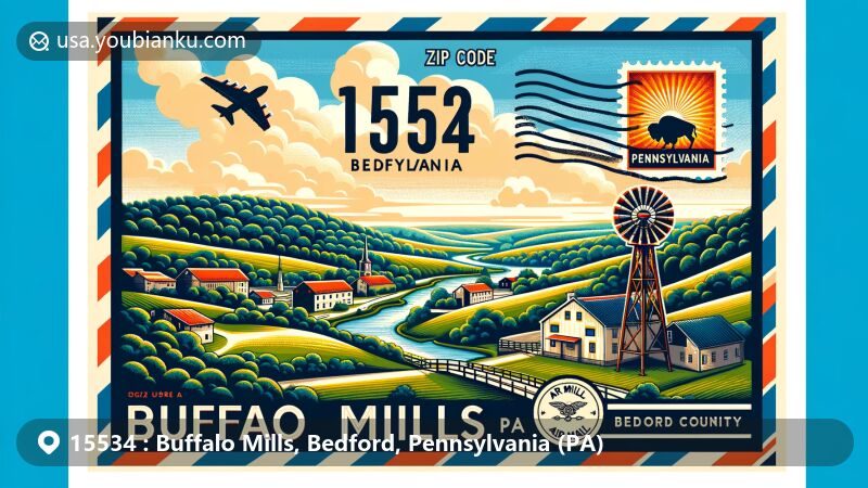 Modern illustration of Buffalo Mills, Bedford County, Pennsylvania, showcasing natural beauty with rolling hills and lush greenery, featuring Pennsylvania state outline and postal elements.