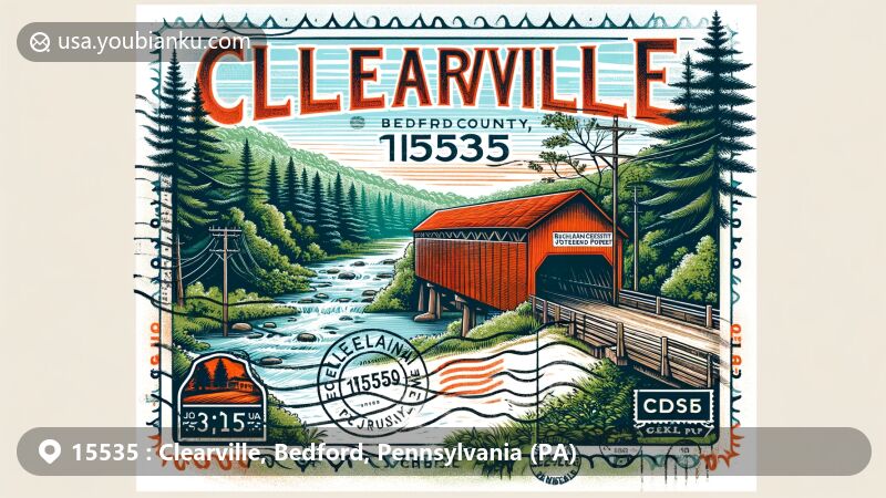 Modern illustration of Clearville, Bedford County, Pennsylvania, blending scenic beauty of Buchanan State Forest and historic Hewitt Covered Bridge with vintage postal elements, showcasing natural and historical charm.