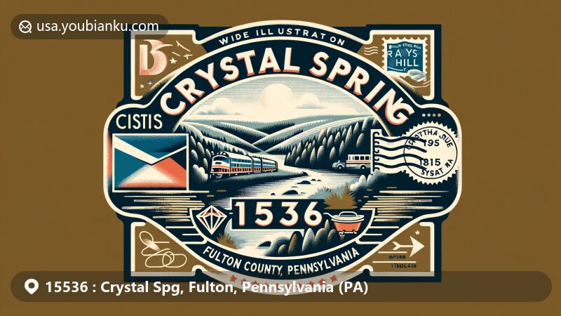 Modern illustration of Crystal Spring, Fulton County, Pennsylvania, featuring geography elements like Brush Creek and Rays Hill, along with postal theme showcasing vintage postcard or air mail envelope with stamps, postmark, and ZIP code 15536.
