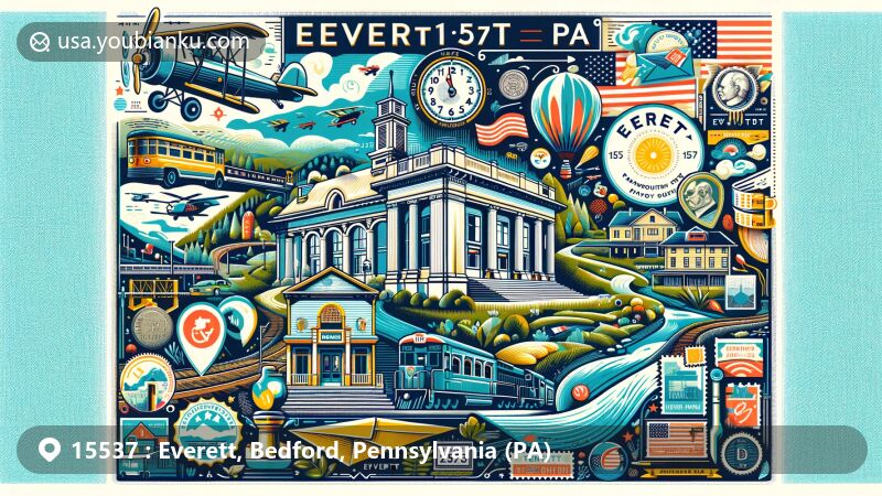 Modern illustration of Everett, Bedford County, Pennsylvania, with Mid State Trail and Tenley Park, highlighting historic Everett Railroad Station Museum, state symbols, and postal elements.