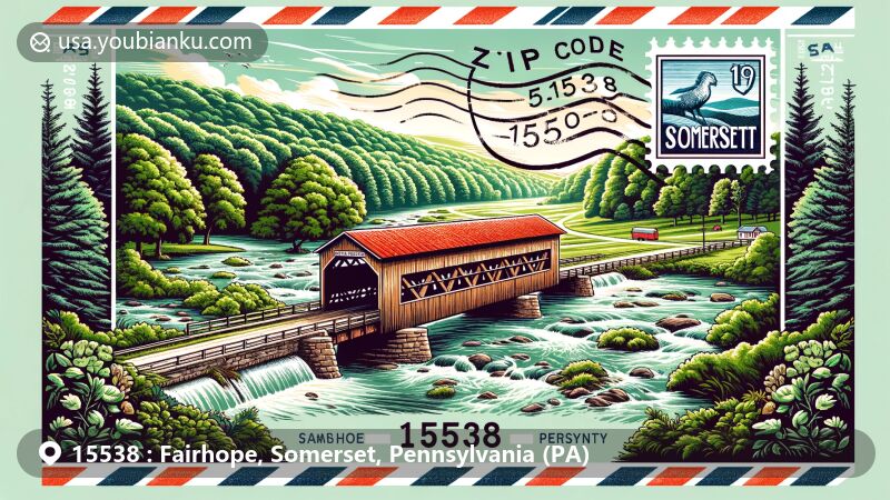 Illustration of Pack Saddle Covered Bridge in Fairhope, Somerset County, Pennsylvania, featuring vintage air mail envelope, Pennsylvania state flag stamp, and ZIP Code 15538.