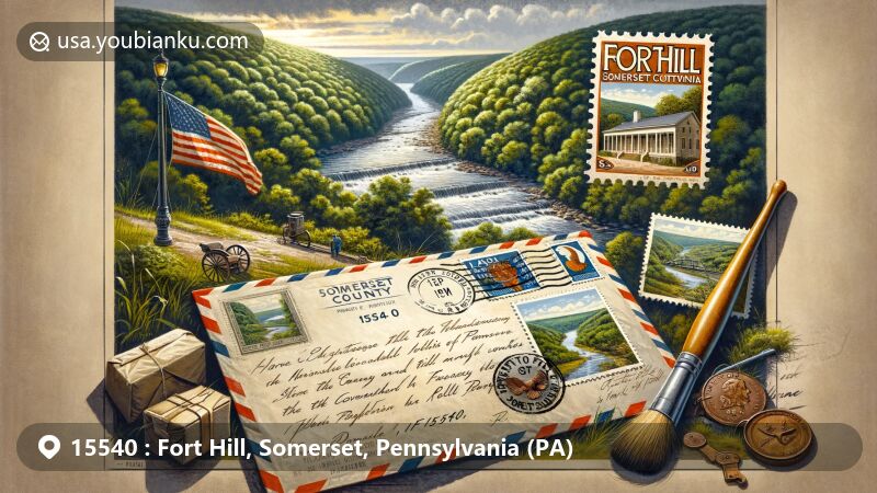 Modern illustration of Fort Hill, Somerset County, Pennsylvania, featuring Casselman River and vintage postal envelope with stamp depicting local landmarks, symbolizing historical and cultural significance.