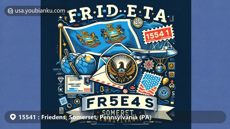 Modern illustration of Friedens, Somerset County, Pennsylvania, showcasing postal theme with ZIP code 15541, featuring PA state flag and airmail elements.