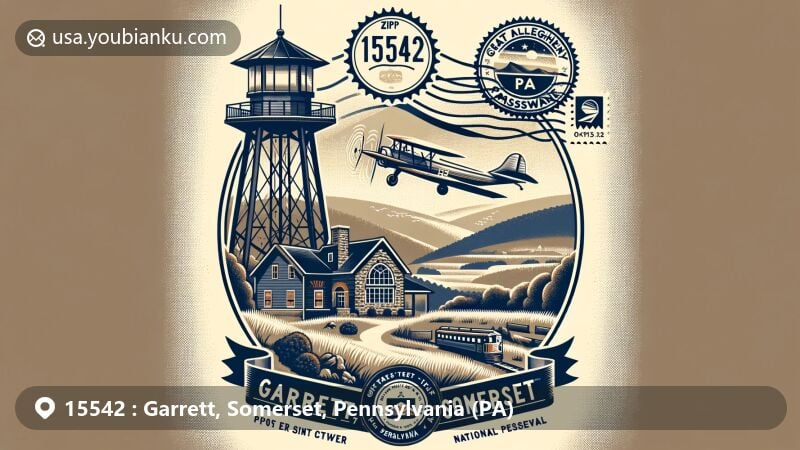 Modern illustration of Garrett, Somerset County, Pennsylvania, featuring Mount Davis observation tower, Flight 93 National Memorial symbols, and Great Allegheny Passage trail system, presented in vintage airmail envelope with ZIP code 15542.