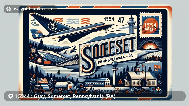 Modern illustration of Gray, Somerset County, Pennsylvania, showcasing postal theme with ZIP code 15544, featuring Flight 93 National Memorial, Mount Davis observation tower, and Somerset Historical Center.