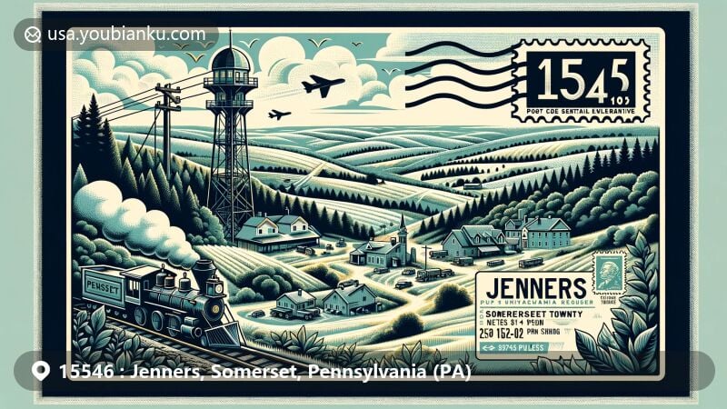 Modern illustration of Jenners, Somerset County, Pennsylvania, featuring iconic hills and forests, Mount Davis observation tower, Flight 93 National Memorial, and vintage postal elements with ZIP code 15546.