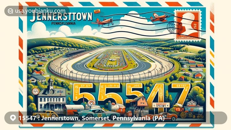 Creative illustration of Jennerstown, Pennsylvania, representing ZIP code 15547, featuring postal theme with iconic Jennerstown Speedway and local natural scenery of Somerset County.