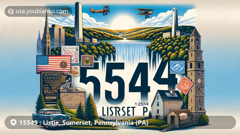 Modern illustration of Listie, Somerset County, Pennsylvania, featuring Flight 93 National Memorial with Wall of Names and Tower of Voices, Yoder Falls, vintage air mail elements, and postal mark with ZIP code 15549 Listie, PA.