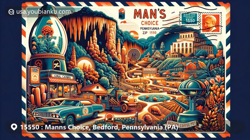 Modern illustration of Manns Choice, Pennsylvania (PA), showcasing Coral Caverns, Bedford Coffee Pot, and agricultural scenes, with postal elements like vintage air mail envelope with ZIP code 15550, stamps of Coral Caverns and Bedford Coffee Pot, and Manns Choice, PA postmark.