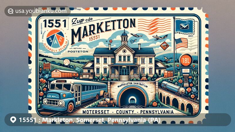 Modern illustration of Markleton, Somerset County, Pennsylvania, featuring Markleton Sanitarium, Pinkerton tunnels, Pennsylvania state symbols, and postal elements in a vintage postcard design with ZIP code 15551.