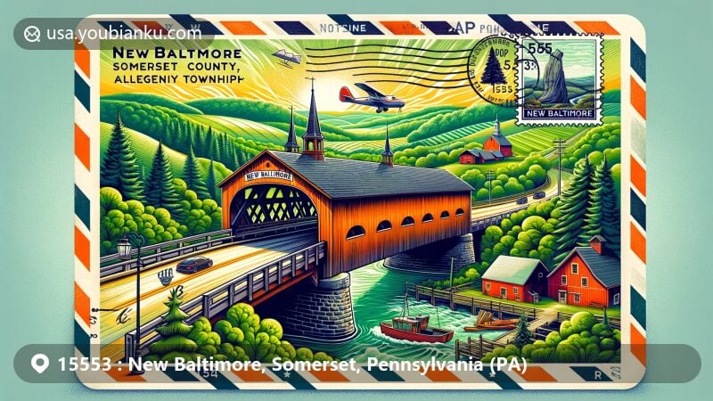 Modern illustration of New Baltimore, Somerset County, Pennsylvania, featuring iconic New Baltimore Bridge in Allegheny Township, surrounded by lush forests and farmlands, incorporating vintage postal elements like air mail envelope with New Baltimore, PA 15553 postmark and stamp showcasing the bridge.