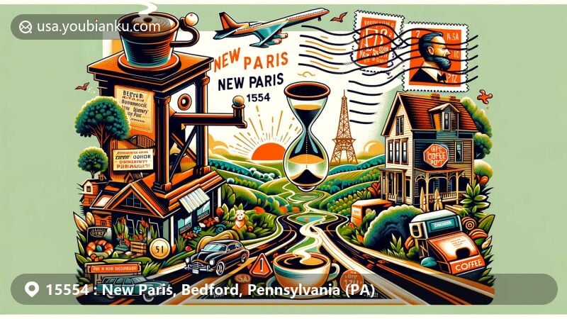 Modern illustration of New Paris, Bedford County, Pennsylvania, featuring Gravity Hill, The Coffee Pot landmark, and vintage postal elements with ZIP code 15554.