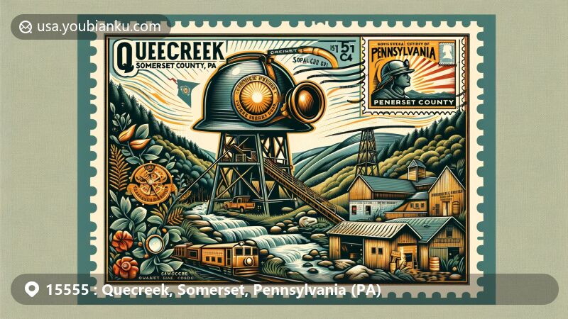Modern illustration of Quecreek, Somerset County, Pennsylvania, focusing on Quecreek Mine Rescue Site, featuring historical miner's helmet and rescue capsule, set against the backdrop of Laurel Highlands. Incorporates postal theme with vintage postcard format, Pennsylvania state flag stamp, and 15555 ZIP code postmark.
