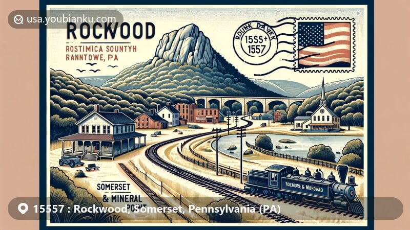 Modern illustration of Rockwood, Somerset County, Pennsylvania, featuring iconic Baltimore & Ohio Railroad around Mount Davis, reflecting historical importance in westward migration and rail development post-American Revolution.