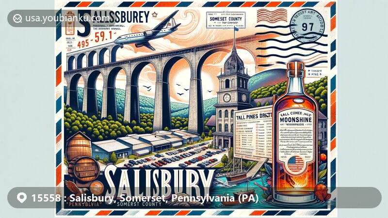 Modern illustration of Salisbury, Pennsylvania, Somerset County, featuring Salisbury Viaduct, Flight 93 National Memorial, and Tall Pines Distillery. Creative postal theme with air mail aesthetic, ZIP code 15558, and Pennsylvania state outline.