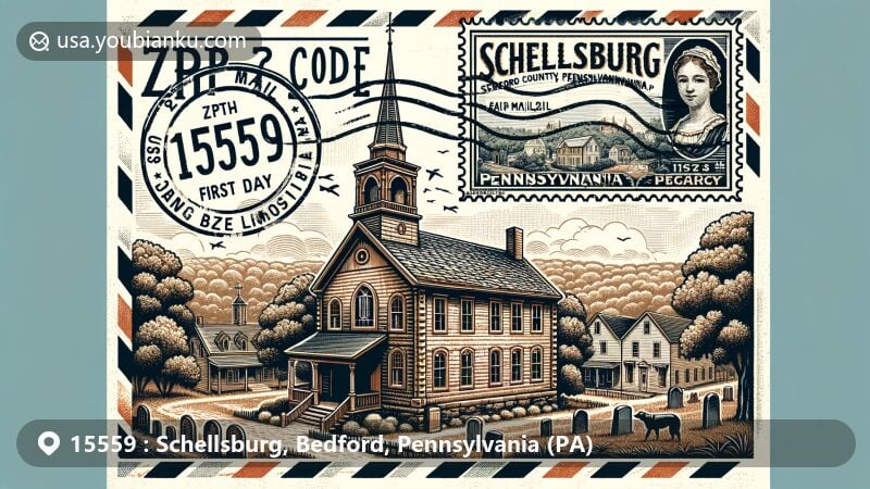 Modern illustration of Schellsburg, Bedford County, Pennsylvania, depicting vintage air mail envelope theme with ZIP code 15559, showcasing Schellsburg Historic District with 19th-century log and stone buildings, including Union Church and lush greenery symbolizing proximity to Allegheny Front and Shawnee State Park.