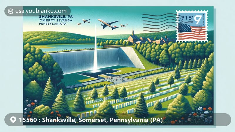 Modern illustration of Flight 93 National Memorial in Shanksville, Somerset County, Pennsylvania, highlighting heroism and sacrifice, serene natural landscape, lush greenery, and rural setting.