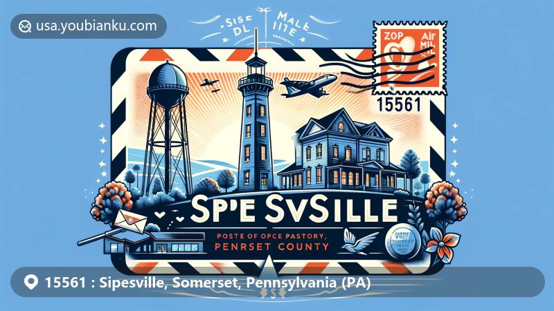现代插图呈现宾夕法尼亚州索默塞特县Sipesville历史及风景，显眼展示15561邮政编码，包含Mount Davis观察塔和Flight 93国家纪念馆，融合邮政邮局主题。