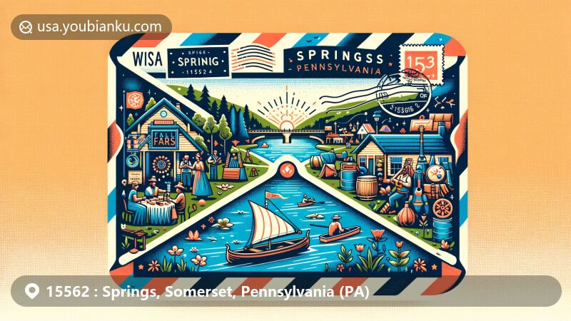 Illustration of Springs, Pennsylvania, representing ZIP code 15562 in a postal theme with scenes from Springs Folk Festival and Laurel Hill State Park, showcasing cultural celebrations and natural beauty.