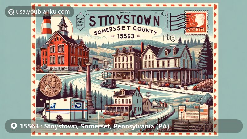 Modern illustration of Stoystown, Somerset County, Pennsylvania, highlighting historic landmarks like Custer House and Hite House, rural charm with forests and lakes, and postal themes including vintage postcard design and '15563' postage stamp.