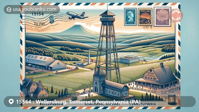Modern illustration of Wellersburg, Somerset, Pennsylvania, showcasing postal theme with ZIP code 15564, featuring Mount Davis observation tower, Flight 93 National Memorial, vintage postal elements, and Pennsylvania landscape.