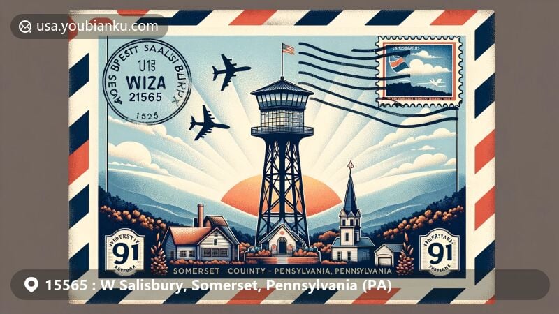 Modern illustration of West Salisbury, Somerset County, Pennsylvania, featuring Mount Davis observation tower, Flight 93 National Memorial, and Somerset Historical Center, blending postal motifs with state landmarks and cultural heritage.