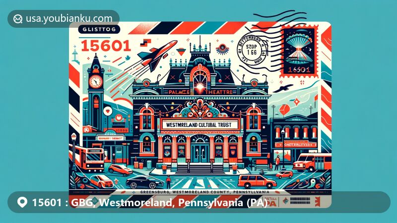 Modern illustration of Greensburg, Westmoreland County, Pennsylvania, highlighting postal theme with ZIP code 15601 in the form of an airmail envelope, showcasing The Palace Theatre silhouette and Westmoreland Cultural Trust symbols.
