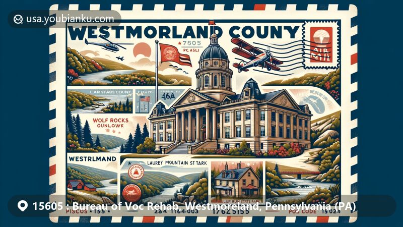Modern illustration of Westmoreland County, Pennsylvania, featuring landmarks like Westmoreland County Courthouse, Wolf Rocks Overlook, and Linn Run State Park, with hints of Laurel Mountain State Park's outdoor activities, along with county flag and postal theme.