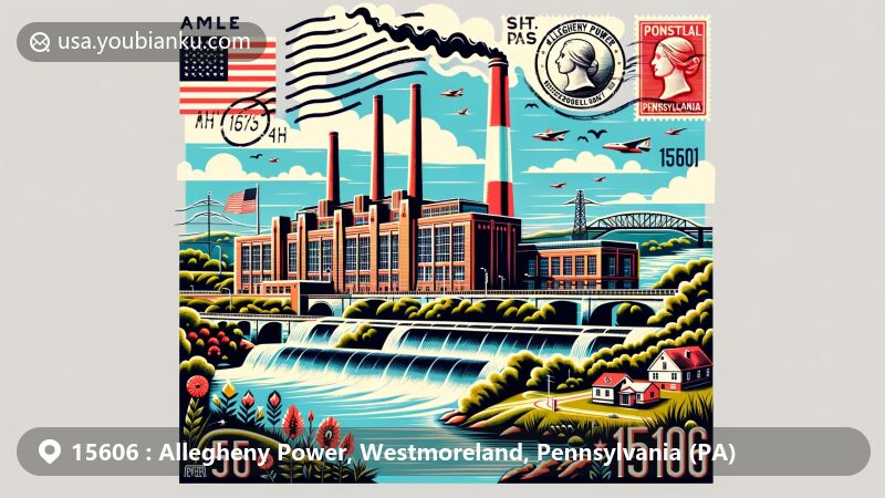 Modern illustration of Allegheny Power Mitchell Station in ZIP code 15606, Westmoreland County, Pennsylvania, featuring vintage air mail elements, Pennsylvania postage stamp, and regional landmarks Wolf Rocks Overlook and Bushy Run Battlefield.