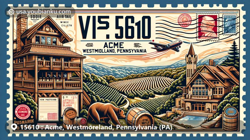 Modern illustration of Acme, Westmoreland County, Pennsylvania, incorporating postal theme with postcard layout, air mail envelope, postage stamps, and postal marks, highlighting ZIP code 15610, and showcasing landmarks like Bear Rocks, Polymath Park with Frank Lloyd Wright's influence, and Stone Villa Wine Cellars.