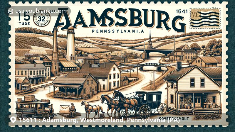 Modern illustration of Adamsburg, Pennsylvania, featuring 'Star of the West' legacy and historical postal themes, showcasing early 19th-century businesses, postal symbols like ZIP code 15611, mail carriage, and mailbox.