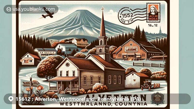 Modern illustration of Alverton, Westmoreland, Pennsylvania, featuring Linn Run State Park and historic Mennonite meeting house, with postal elements including vintage air mail envelope and Southmoreland Football Stadium stamp.