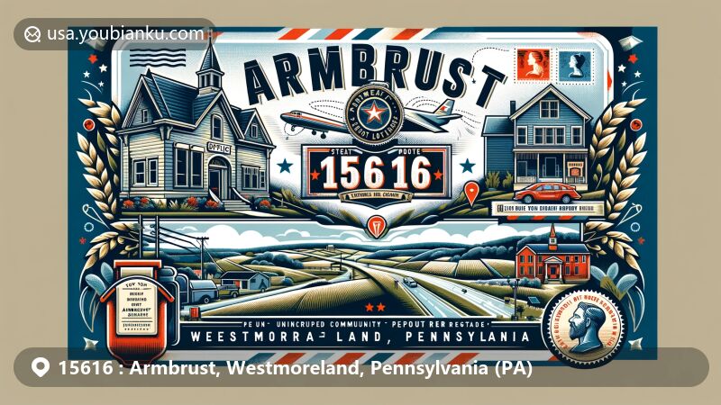 Modern illustration of Armbrust, Westmoreland, Pennsylvania, showcasing postal theme with ZIP code 15616, featuring rural scenery, post office, air mail elements, vintage stamps, and Armbrust Honor Roll monument.