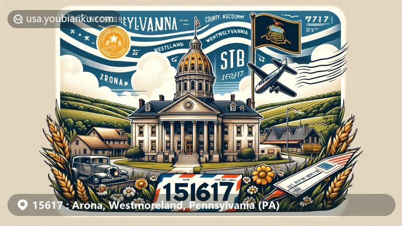 Creative illustration of Arona, Westmoreland County, Pennsylvania, showcasing postal theme with ZIP code 15617, featuring Westmoreland County Courthouse, Pennsylvania state flag, and rural landscape.
