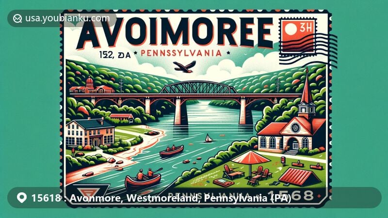 Modern illustration of Avonmore, Pennsylvania, highlighting iconic Avonmore bridge and lush natural beauty, depicting vibrant community life and postal theme with ZIP code 15618.