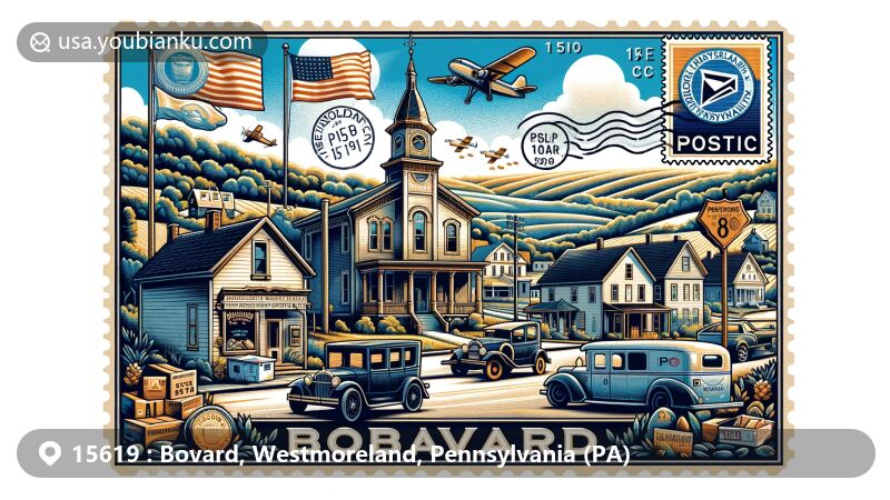 Modern illustration of Bovard, Pennsylvania, highlighting postal theme with ZIP code 15619, featuring Bovard post office, Price Road residences, Westmoreland County landmarks, and scenic hills.