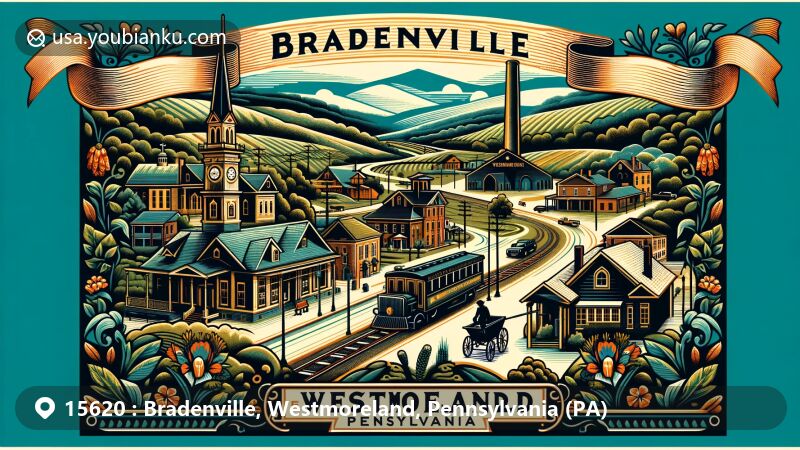 Modern illustration of Bradenville, Westmoreland County, PA, blending rural charm with landmarks like the post office and war memorial, incorporating symbols of coal mining heritage and lush Pennsylvania landscape.