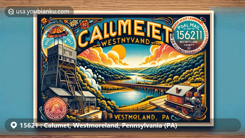 Modern illustration of Calumet, Westmoreland County, Pennsylvania, showcasing Wolf Rocks Overlook and coal mining heritage, resembling a postcard or air mail envelope with postal elements and a 3D effect on a wooden table.