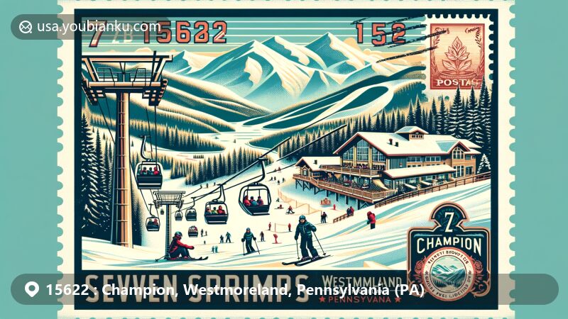 Modern illustration of Seven Springs Mountain Resort in Champion, Westmoreland County, Pennsylvania, highlighting winter sports and postal theme with ZIP code 15622, featuring snow-capped peaks, ski lifts, and enthusiastic skiers.