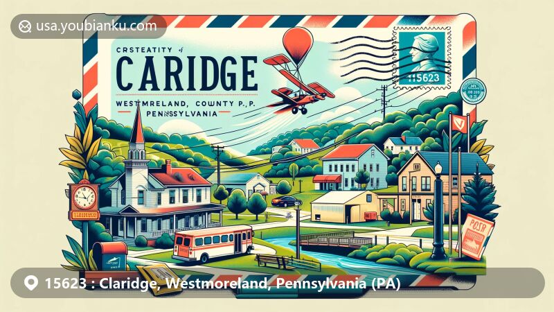 Modern illustration of Claridge, Pennsylvania, showcasing outdoor recreation, natural landscapes, and community spirit, with a vintage air mail envelope featuring stamps and postmark displaying ZIP code 15623.