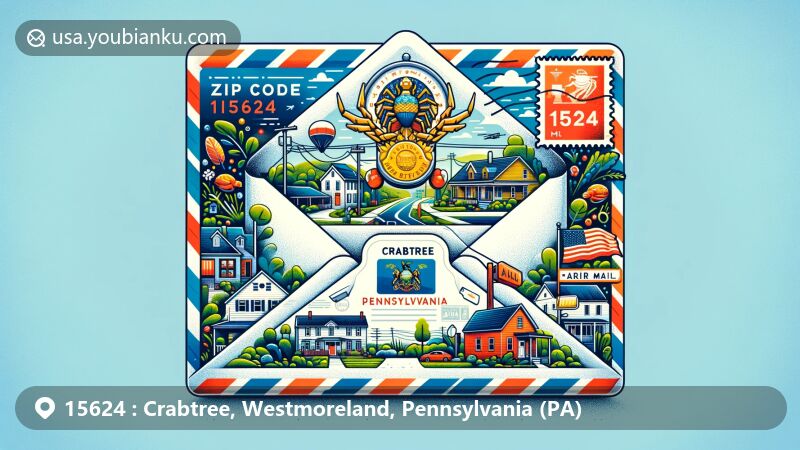 Modern illustration of Crabtree, Pennsylvania, showcasing air mail envelope theme with Pennsylvania state flag, highlighting community atmosphere and ZIP code 15624.