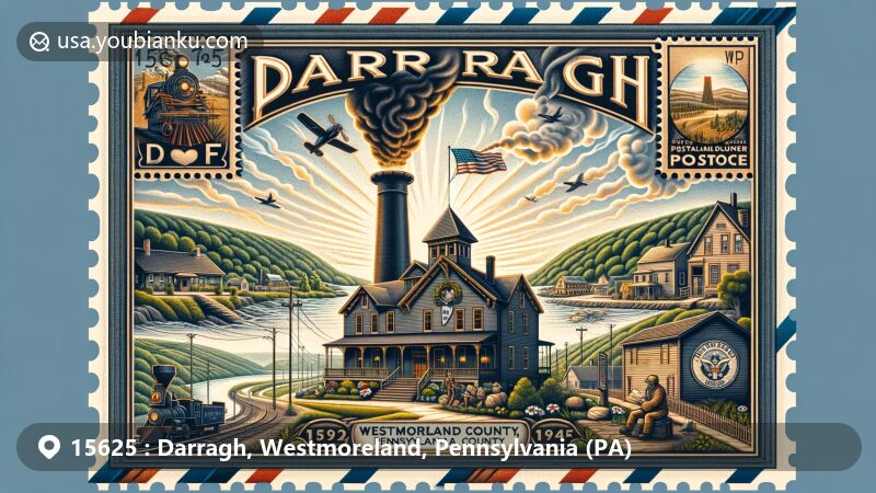 Modern illustration of Darragh, Westmoreland County, Pennsylvania, showcasing postal heritage with ZIP code 15625, featuring Darragh Post Office and coal mining history.